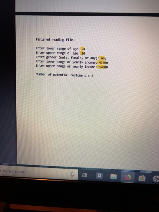 number of potential customers in a user entered age range given a
