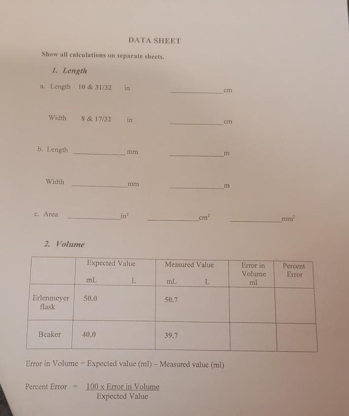  DATA SHEET Show all calculations on separate sheets. 1. Length it