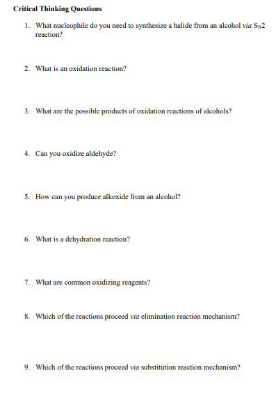 Reactions of Alcohols Outcomes: After completing this activity, you should be able