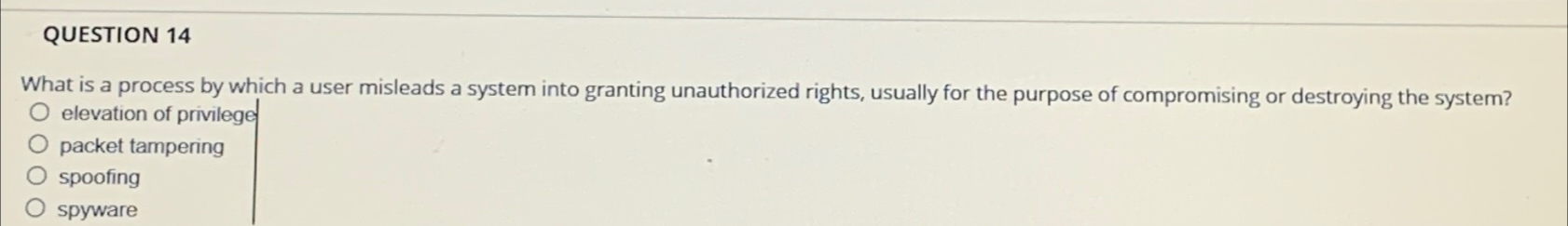  QUESTION 14 What is a process by which a user misleads