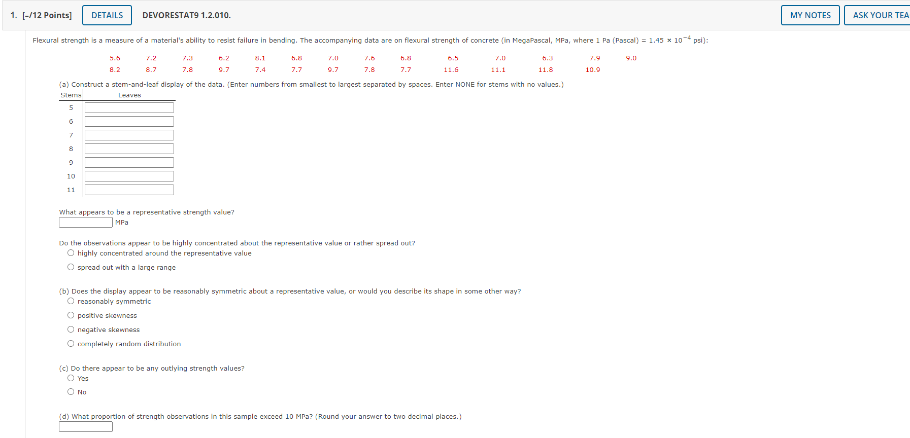  1. [-/12 Points] DETAILS DEVORESTAT9 1.2.010. MY NOTES ASK YOUR TEA