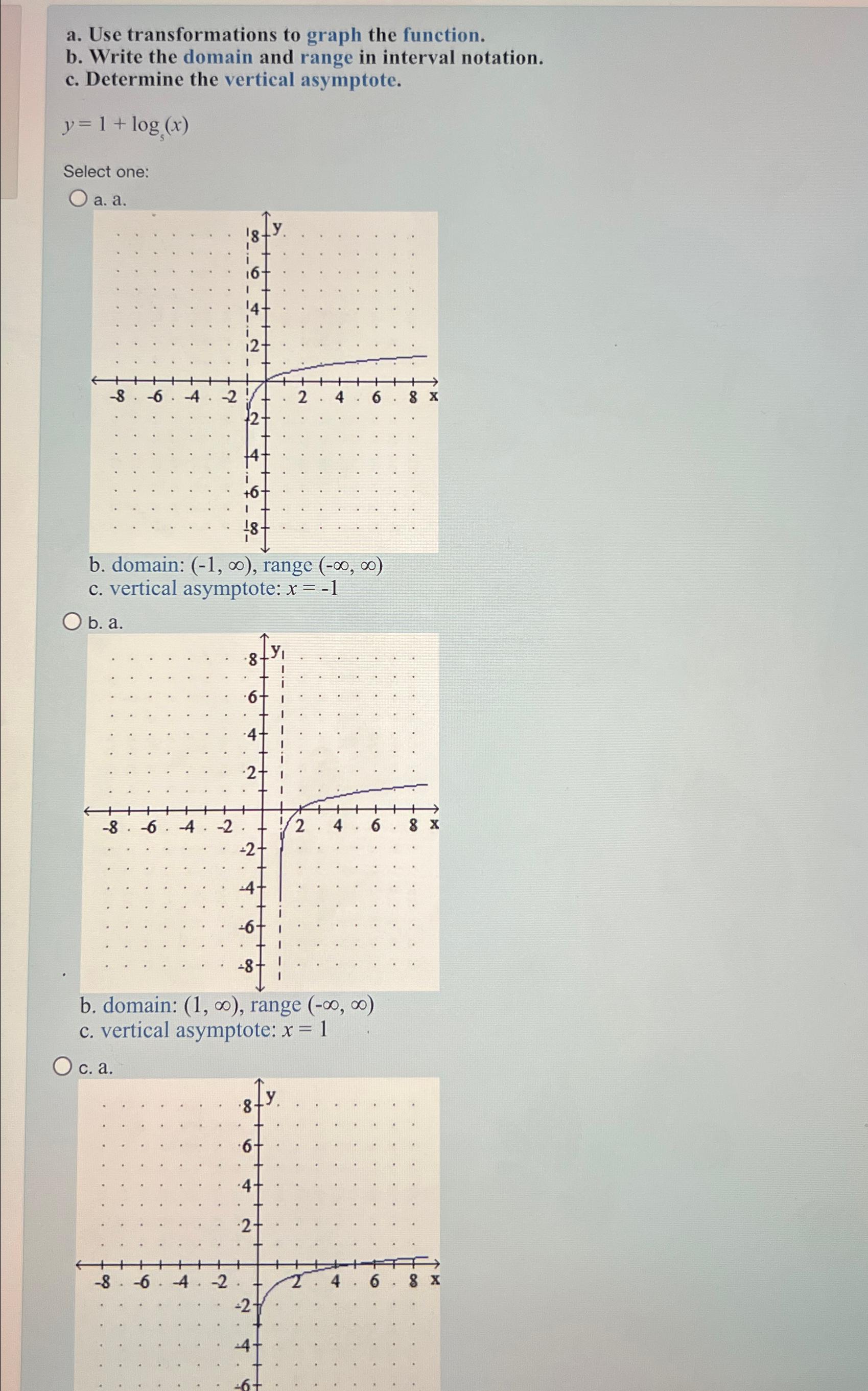  a. Use transformations to graph the function. b. Write the domain