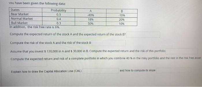  You have been given the following data: States Probability Bear Market