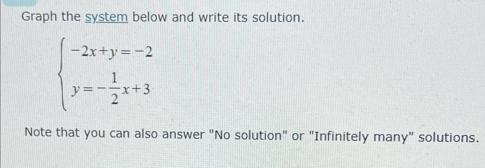  Graph the system below and write its solution. -2x+y=-2 y=-12x+3 Note