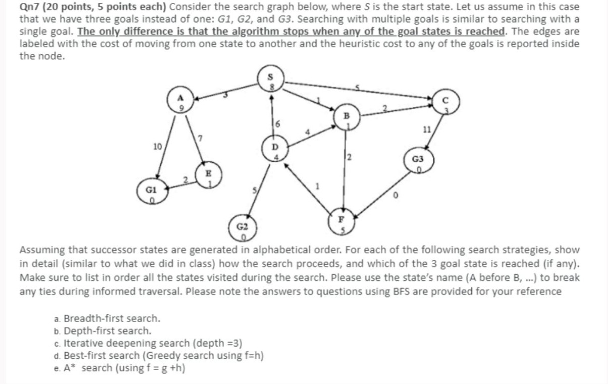  Qn7(20 points, 5 points each) Consider the search graph below, where