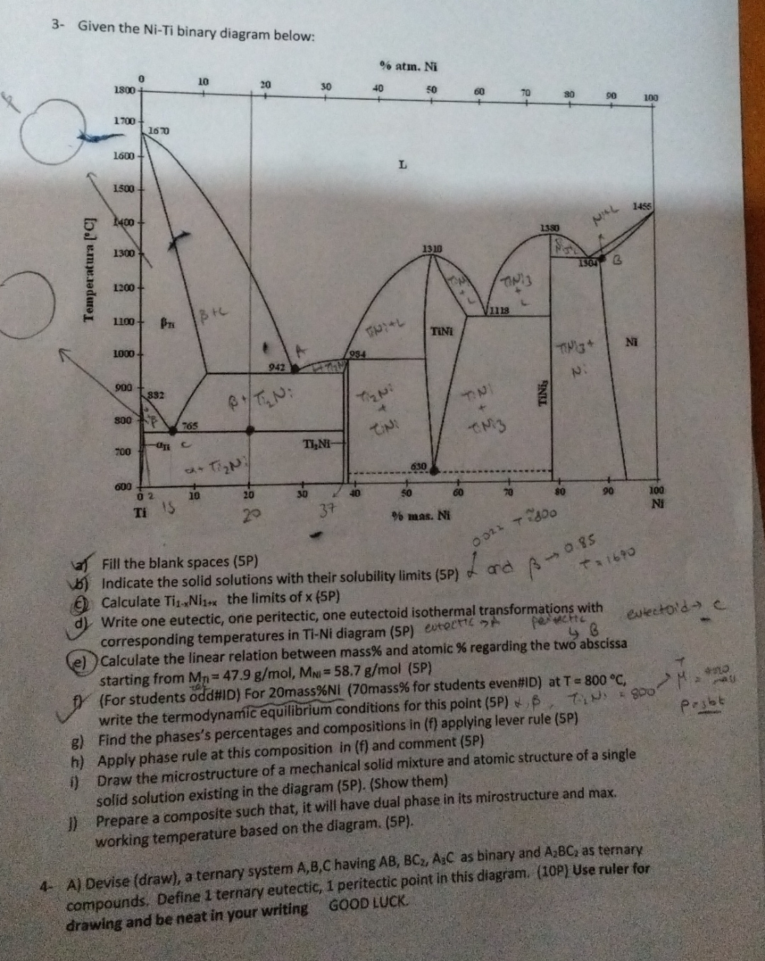 3- Given the Ni-Ti binary diagram below: % atm. Ni a)