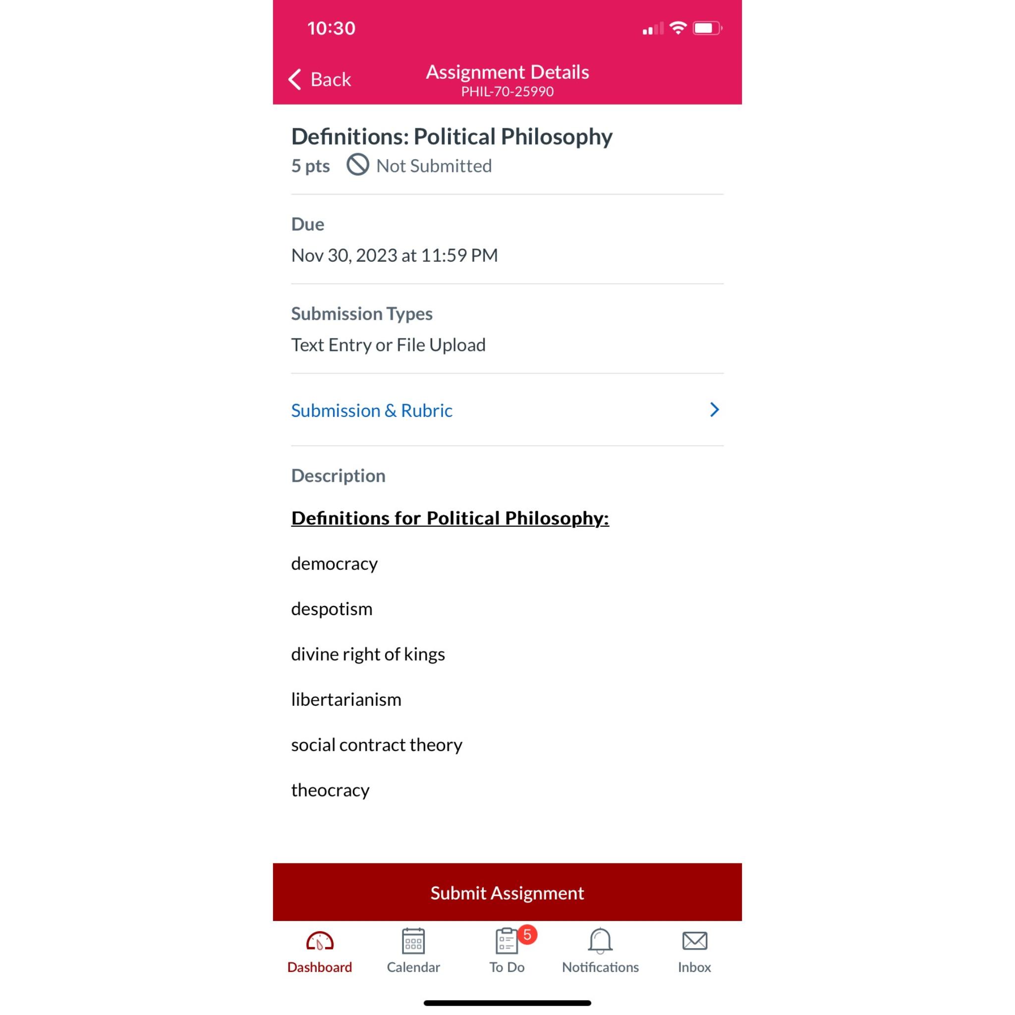  What does this mean 10:30 Back Assignment Details PHIL-70-25990 Definitions: Political