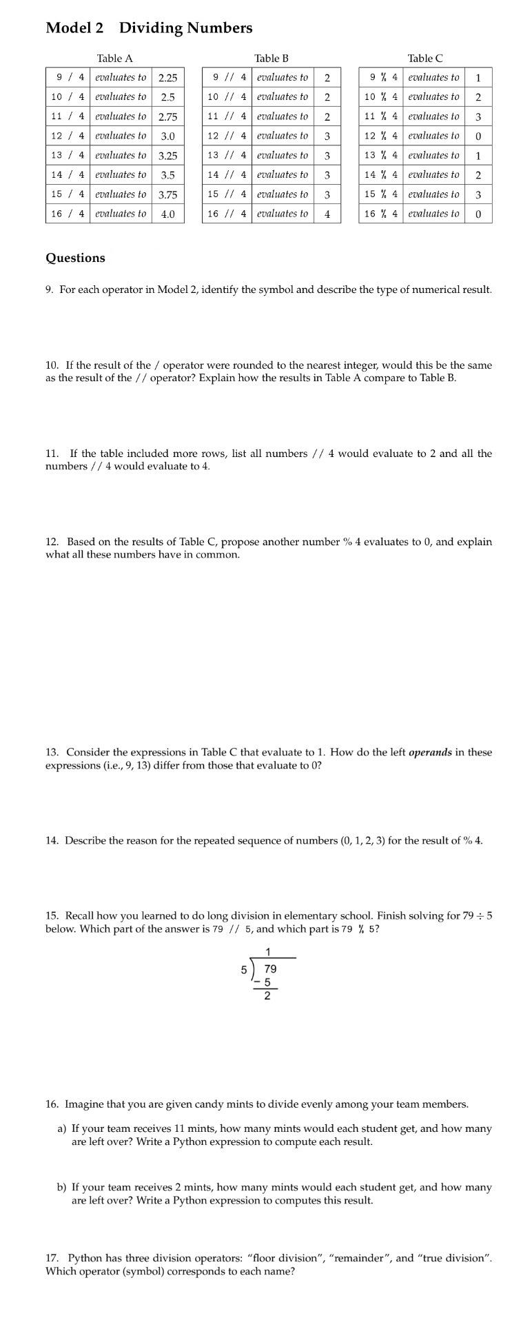  Model 2 Dividing Numbers Table A 9/4 evaluates to 2.25 10/4