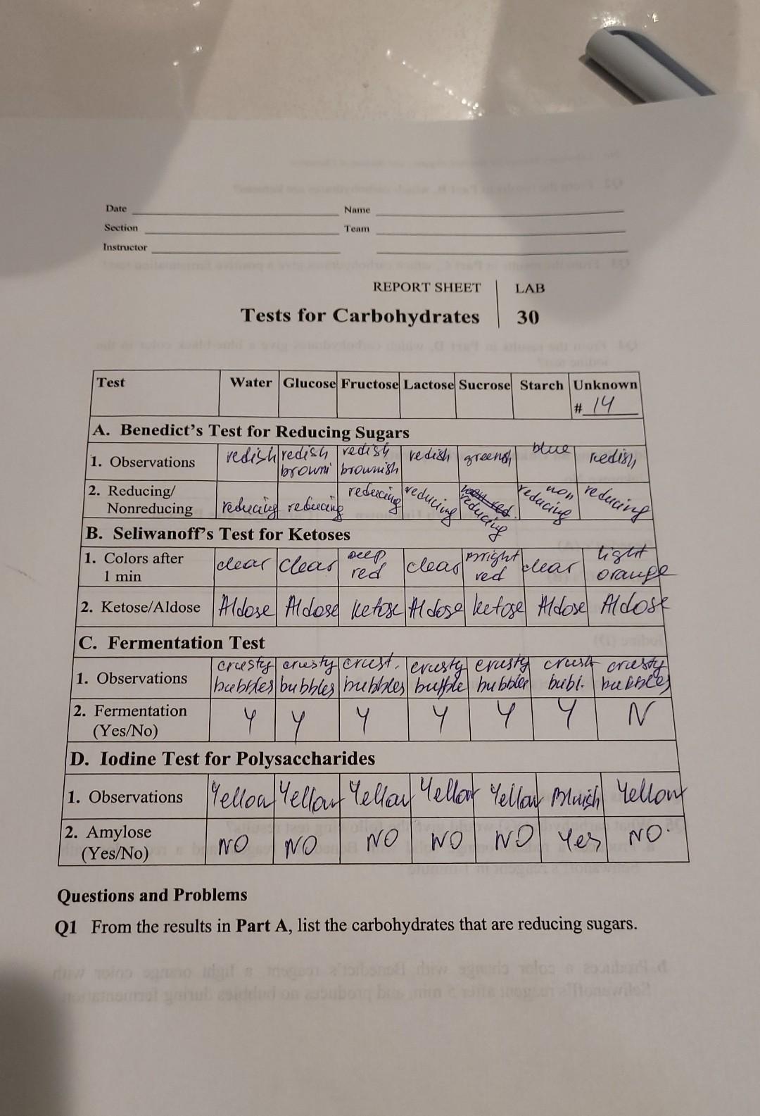 Date Name Section Team Instructor REPORT SHEET LAB Tests for Carbohydrates