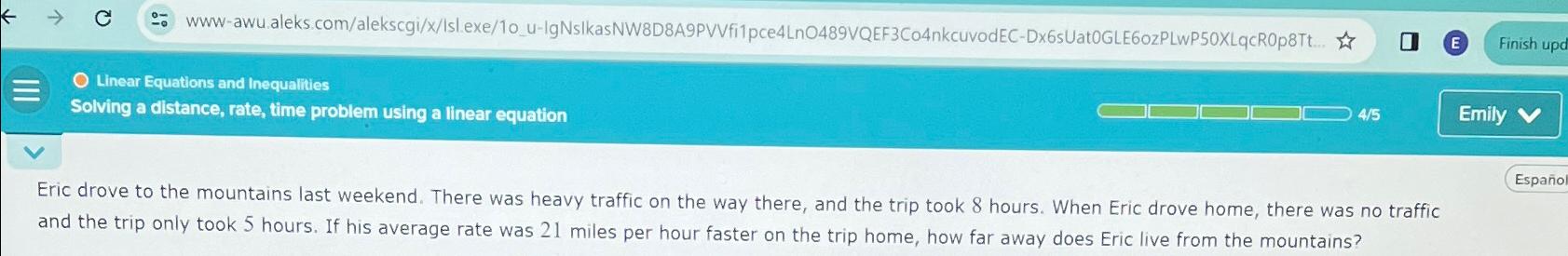  Linear Equations and Inequalities Solving a distance, rate, time problem using