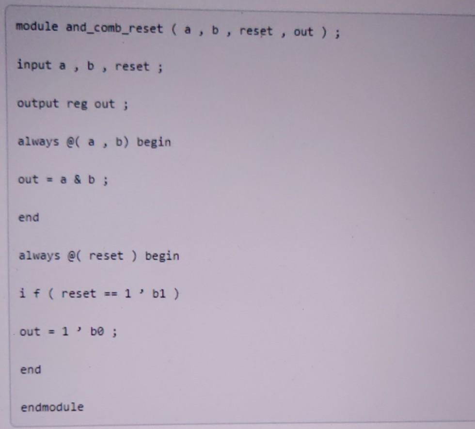what is the design error verilog module and_comb_reset (a, b, reset