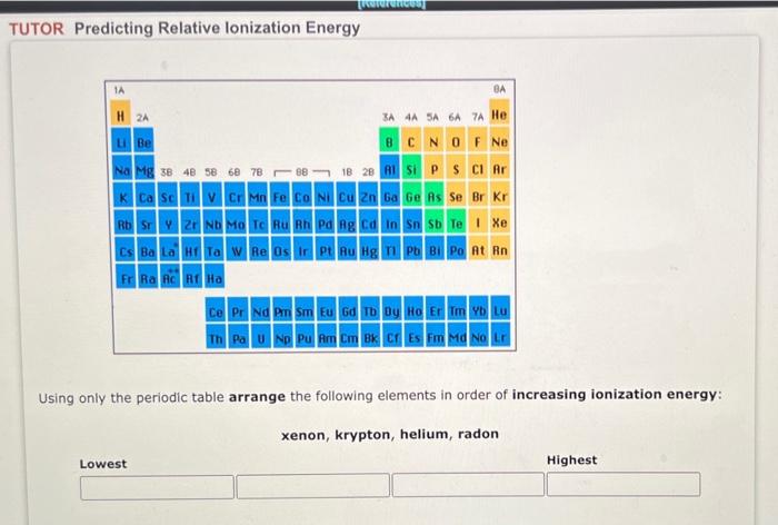 Please answer all questions, thank you!! TUTOR Predicting Relative lonization Energy IA