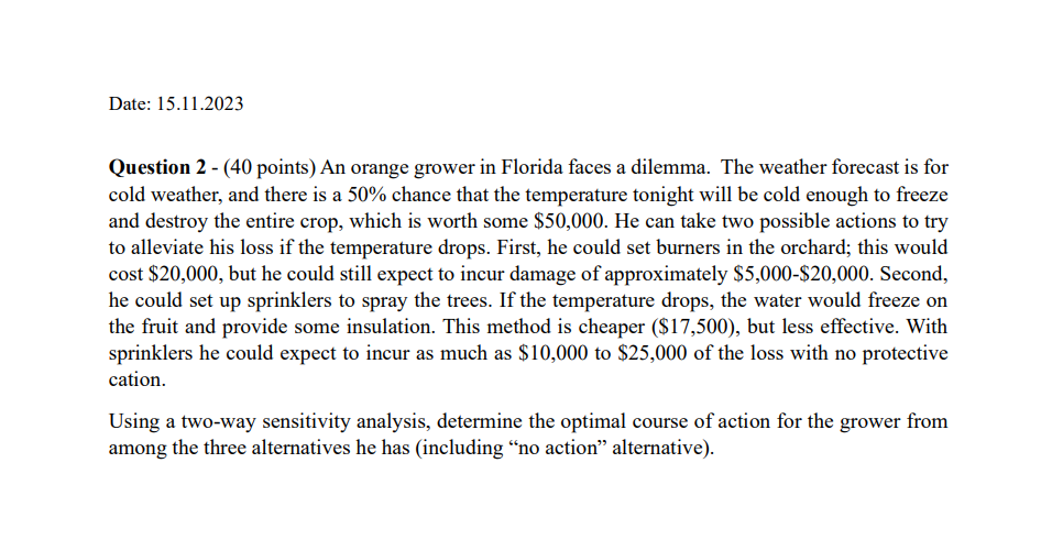 Question 2-(40 points) An orange grower in Florida faces a dilemma.