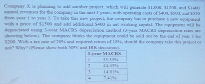  Compaay X is planning to add another project, which will generate