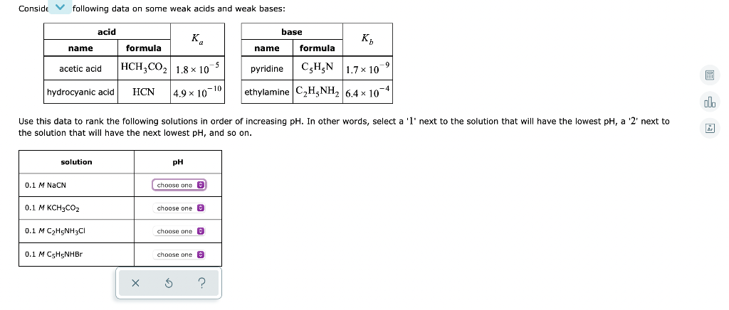 Conside following data on some weak acids and weak bases: acid