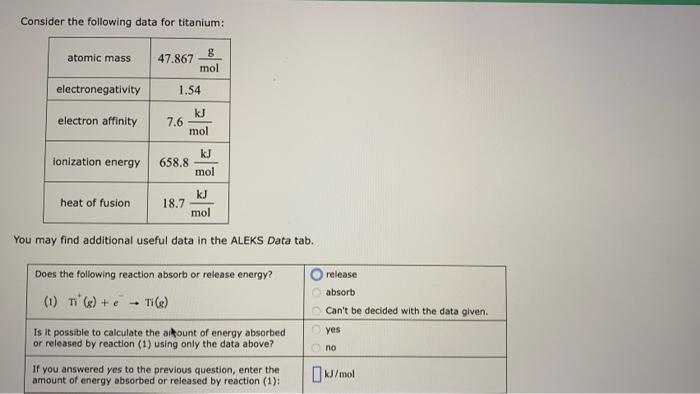  Consider the following data for titanium: You may find additional useful