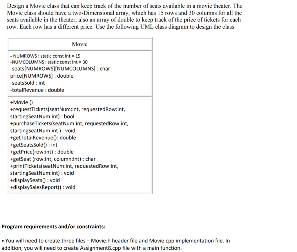  Submit your Assignment8.cpp , Movie.cpp, Movie.h, seatAvailability.dat, a... WRITE CODE IN
