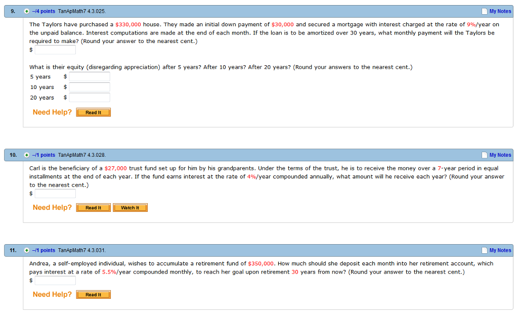 Question 8-11 please! 9. +-14 points TanApMath7 4.3.025. My Notes The Taylors