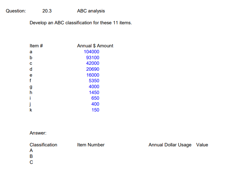  Question: Develop an ABC classification for these 11 items. Answer: Annual
