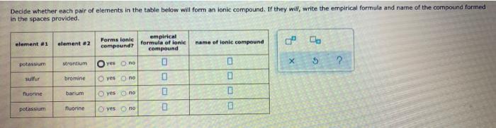  Decide whether each pair of elements in the table below will