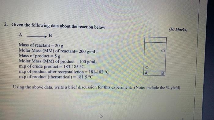  2. Given the following data about the reaction below (10 Marks)
