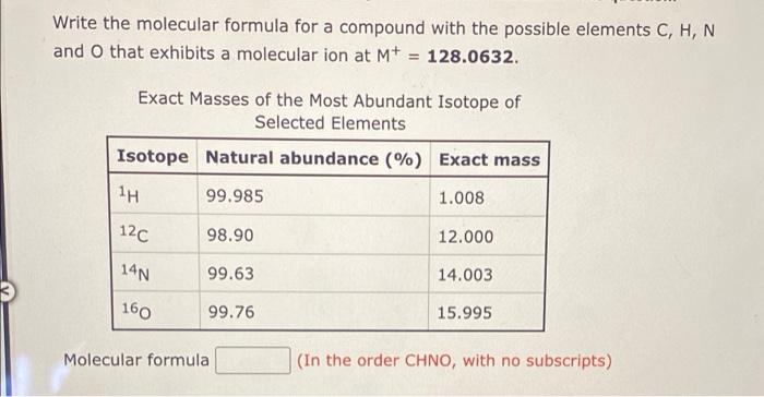  Write the molecular formula for a compound with the possible elements