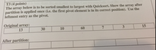  T3 (4 points) The array below is to be sorted smallest