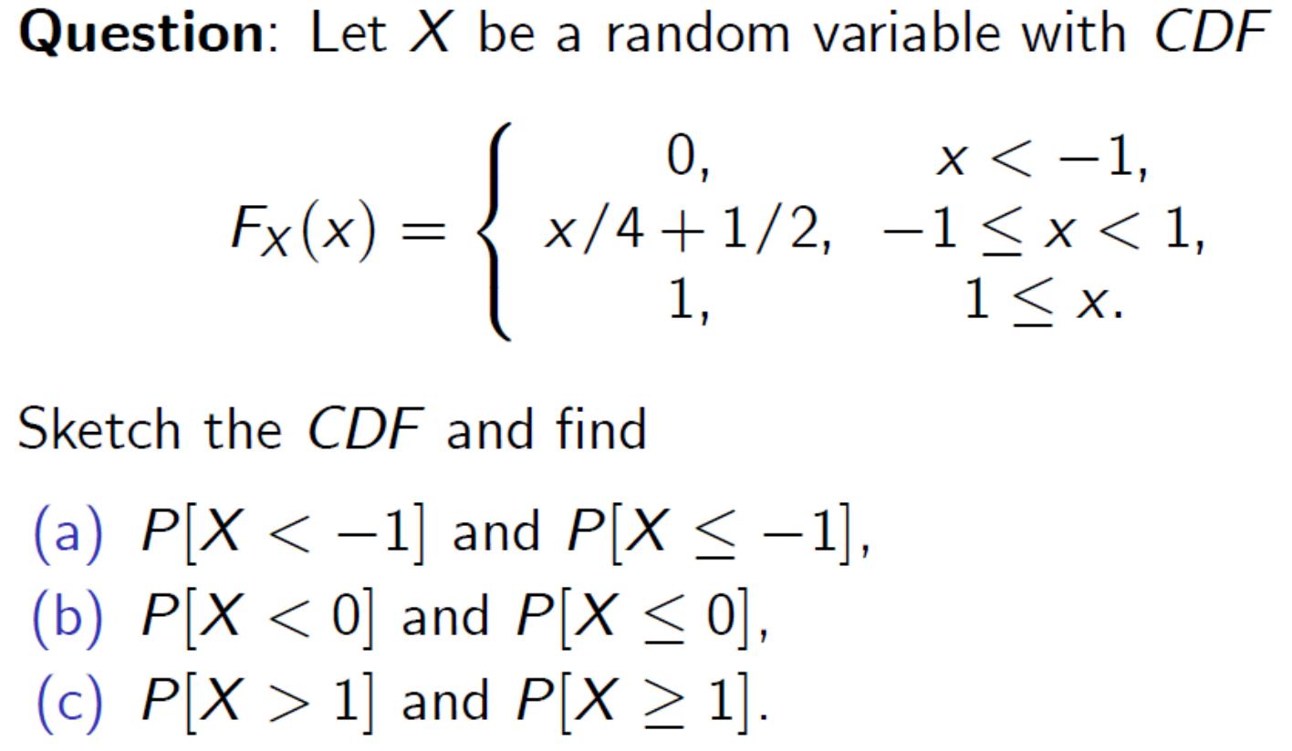  Question: Let x be a random variable with CDF Fx(x)={0,x-1x4+12,-1x11,1x Sketch