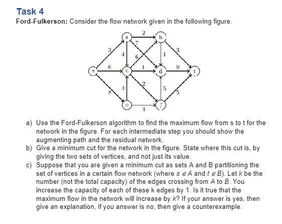  Task 4 Ford-Fulkerson: Consider the flow network given in the following