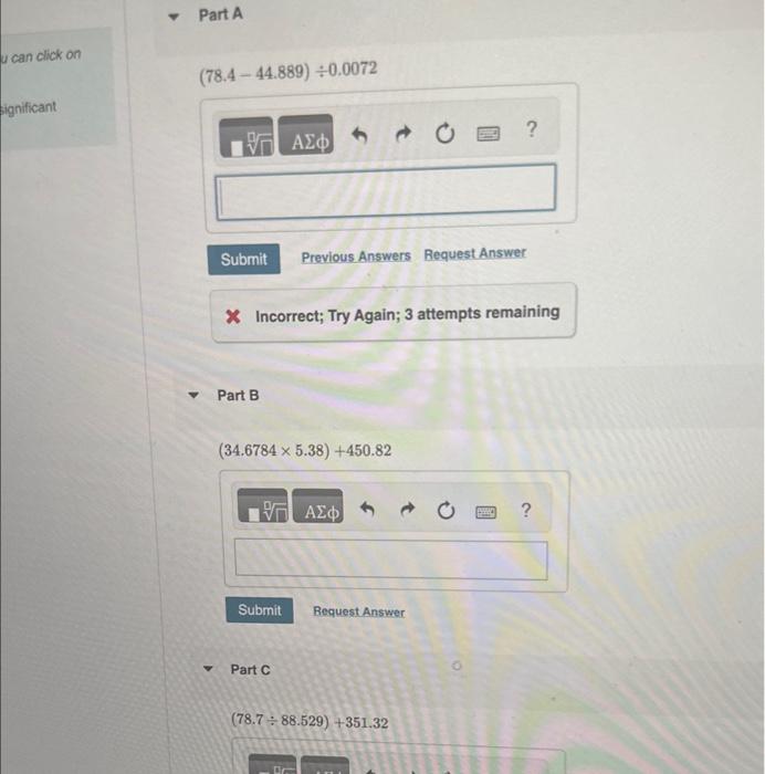 Part a , b and c (78.444.889)0.0072 * Incorrect; Try Again; 3