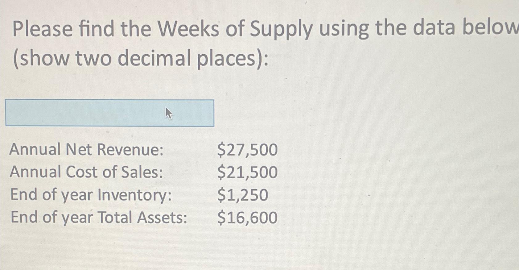  Please find the Weeks of Supply using the data below (show