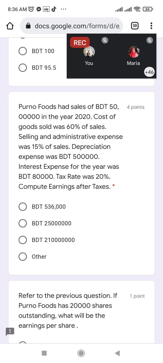 8:36 AM CB4 docs.google.com/forms/d/e 30 REC BDT 100 . You Maria