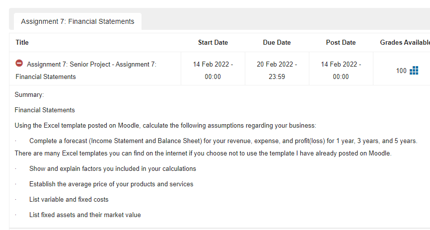 Assignment 7: Financial Statements Title Start Date Due Date Post Date