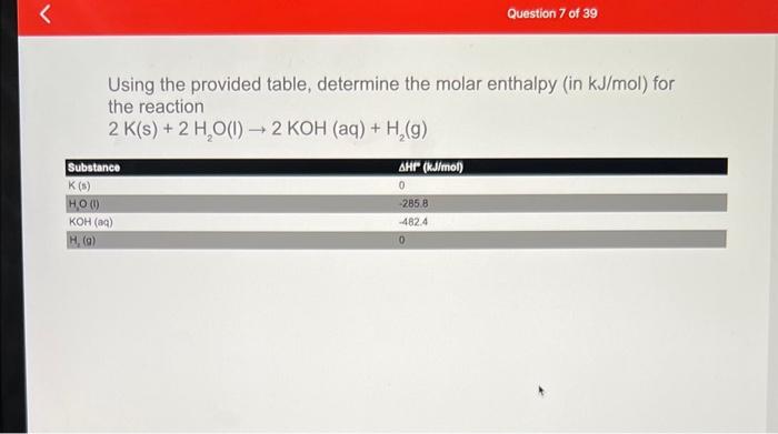  Using the provided table, determine the molar enthalpy (in kJ/mol )