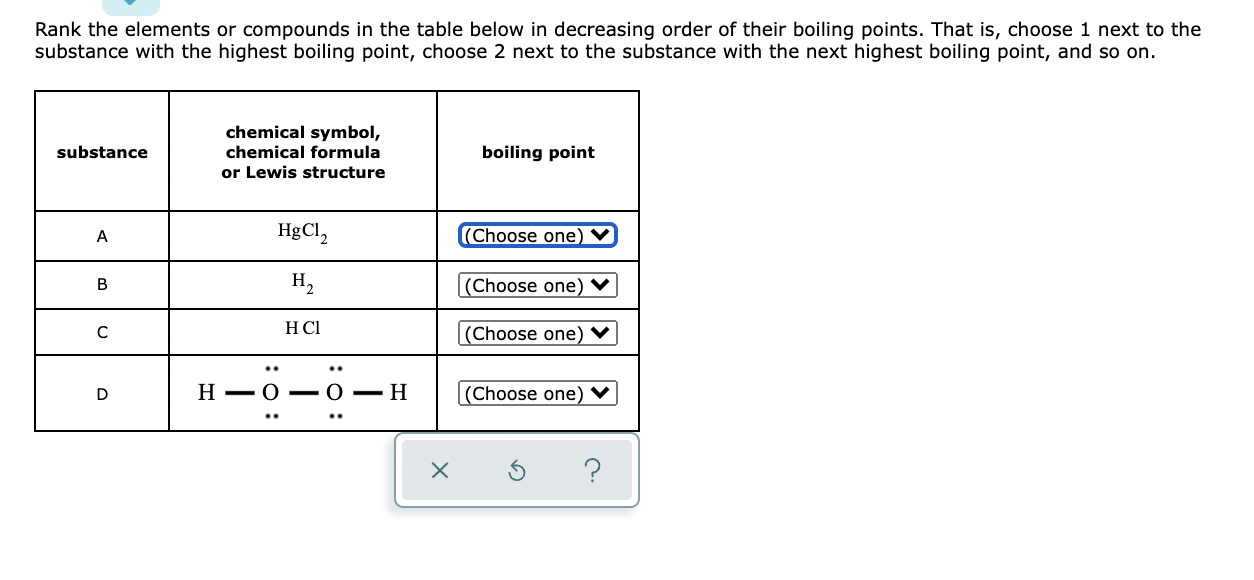  Rank the elements or compounds in the table below in decreasing