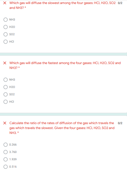  X Which gas will diffuse the slowest among the four gases: