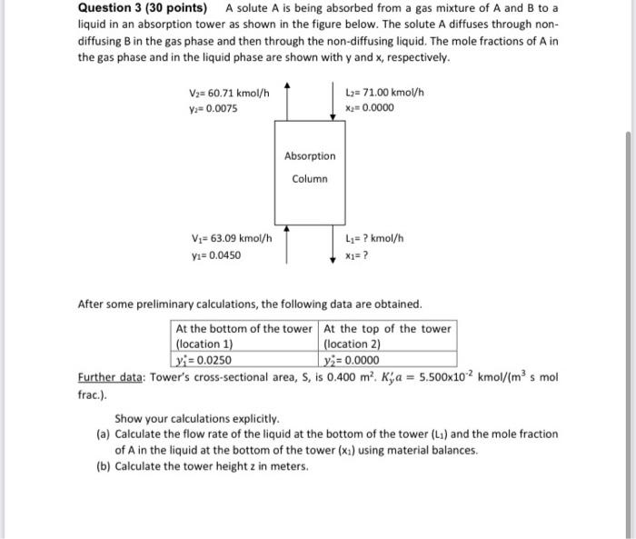  Question 3 (30 points) A solute A is being absorbed from