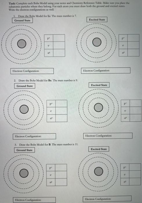  Task: Complete each Bohr Model using your notes and Chemistry Reference