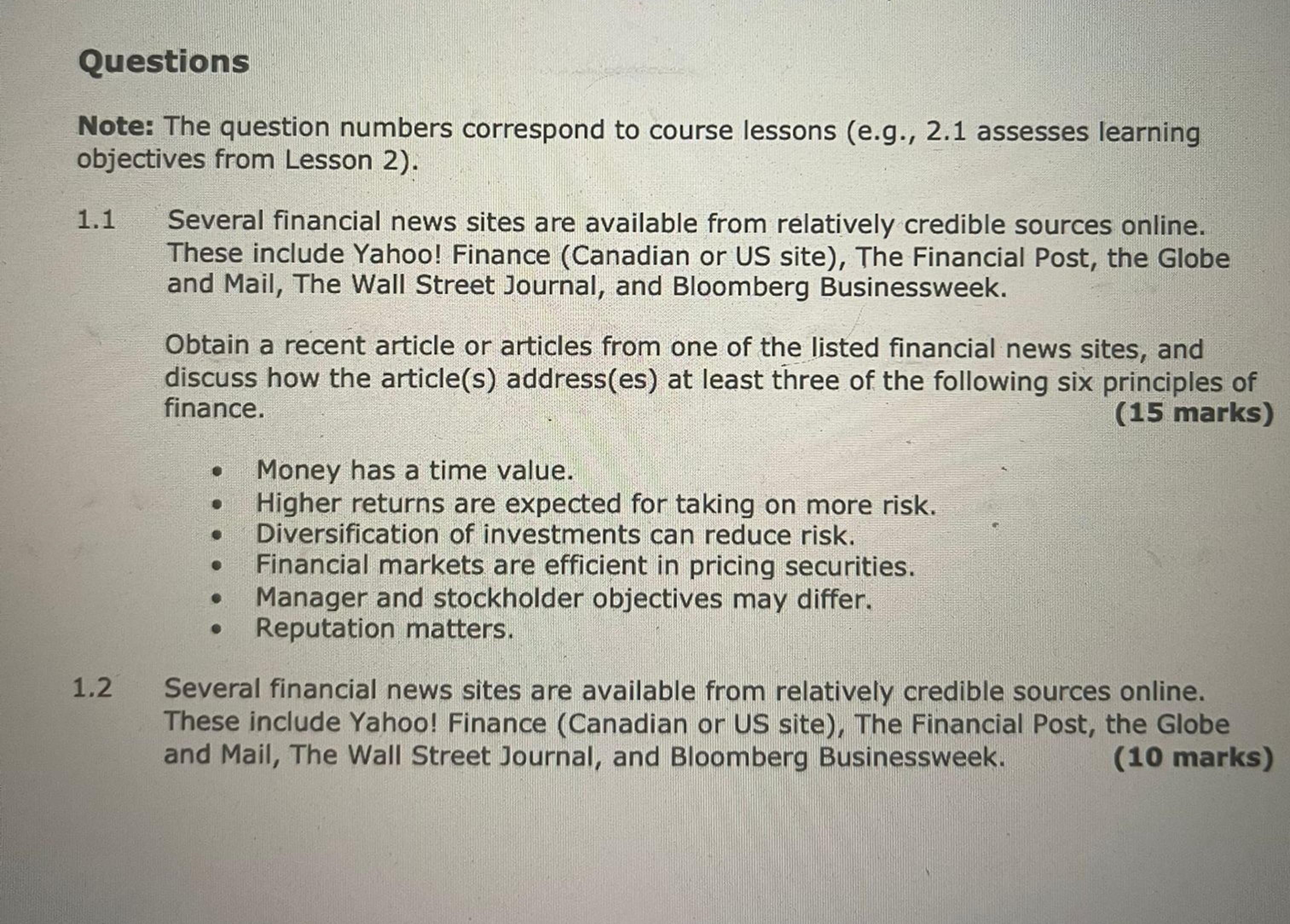  Questions Note: The question numbers correspond to course lessons (e.g.,2.1 assesses