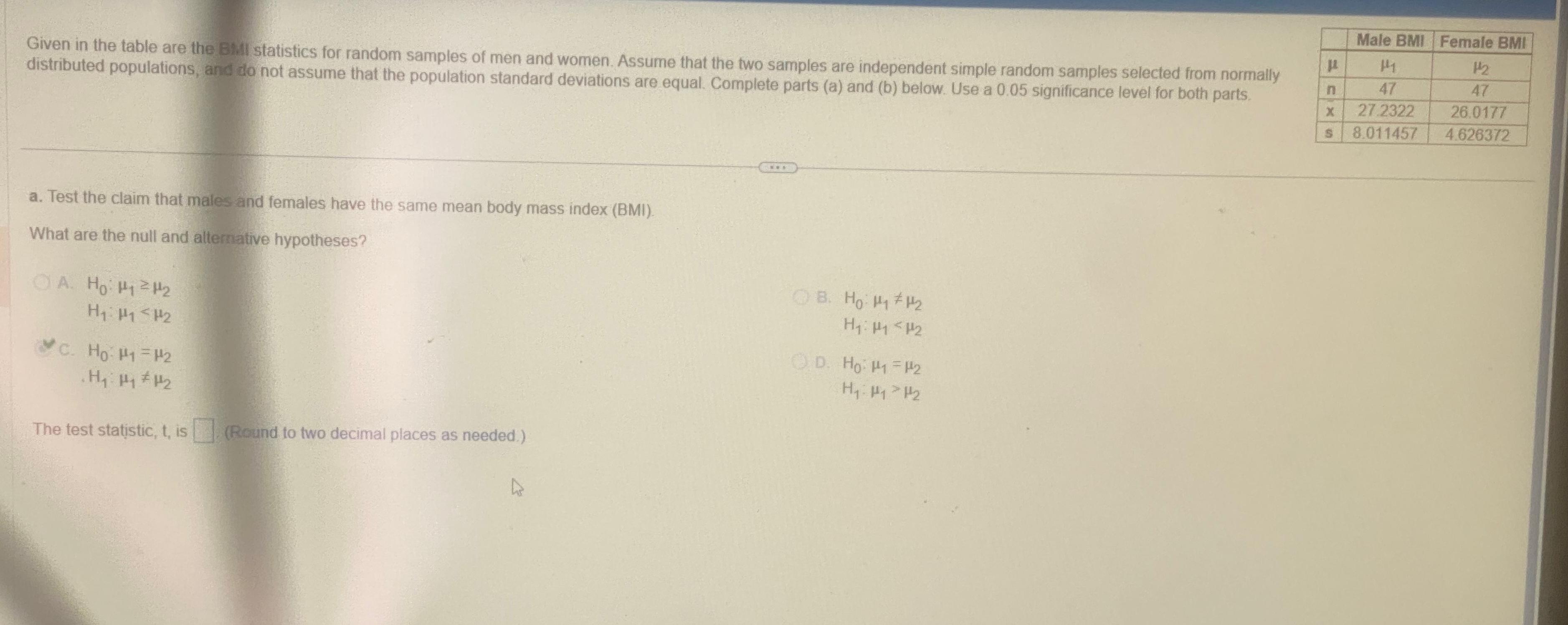  Given in the table are the BMI statistics for random samples