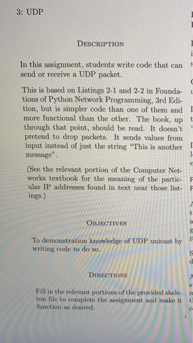 python. please follow all the instructions. 3: UDP DESCRIPTION ( t In