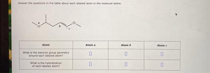  Answer the questions in the table about each labeled atom in