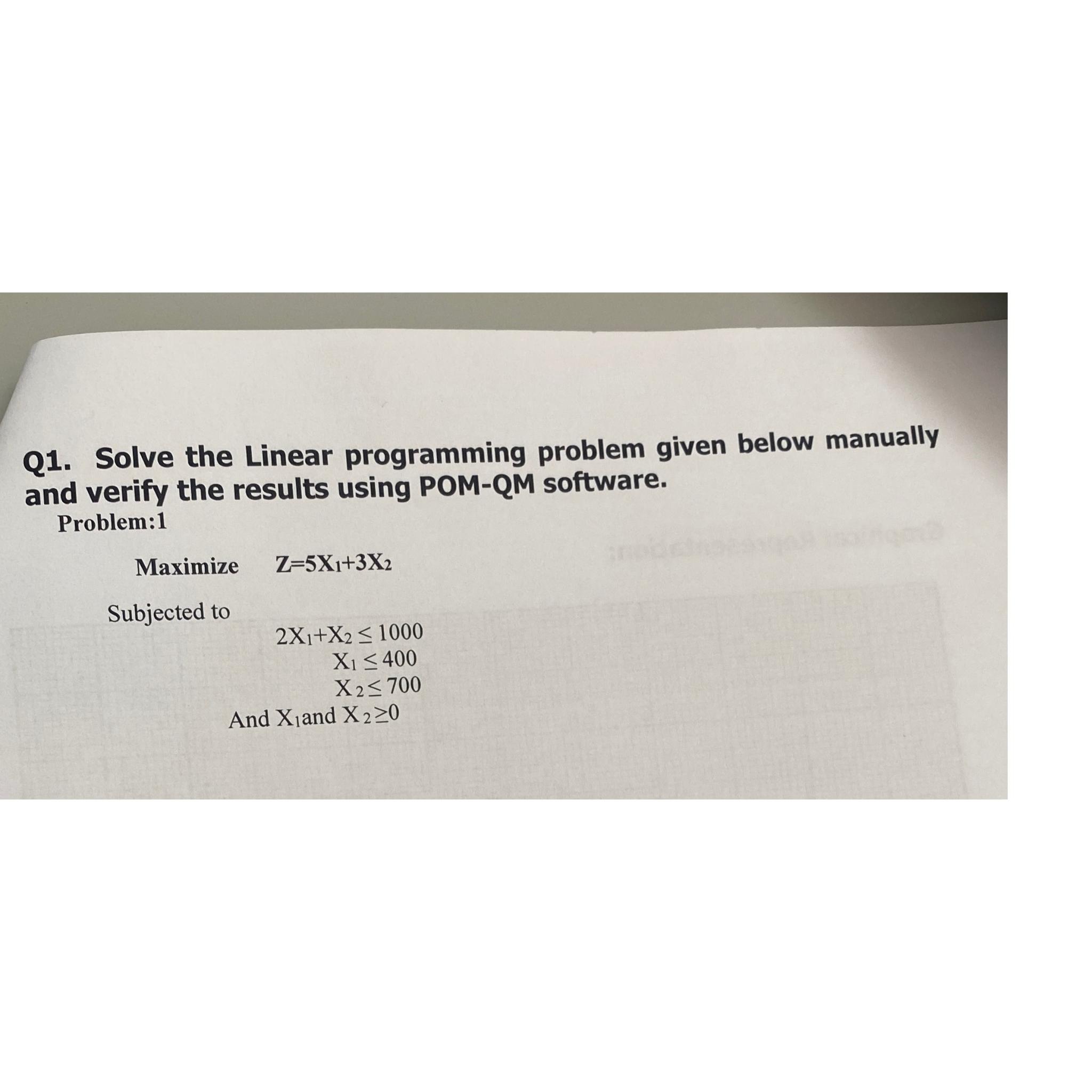  Q1. Solve the Linear programming problem given below manually and verify