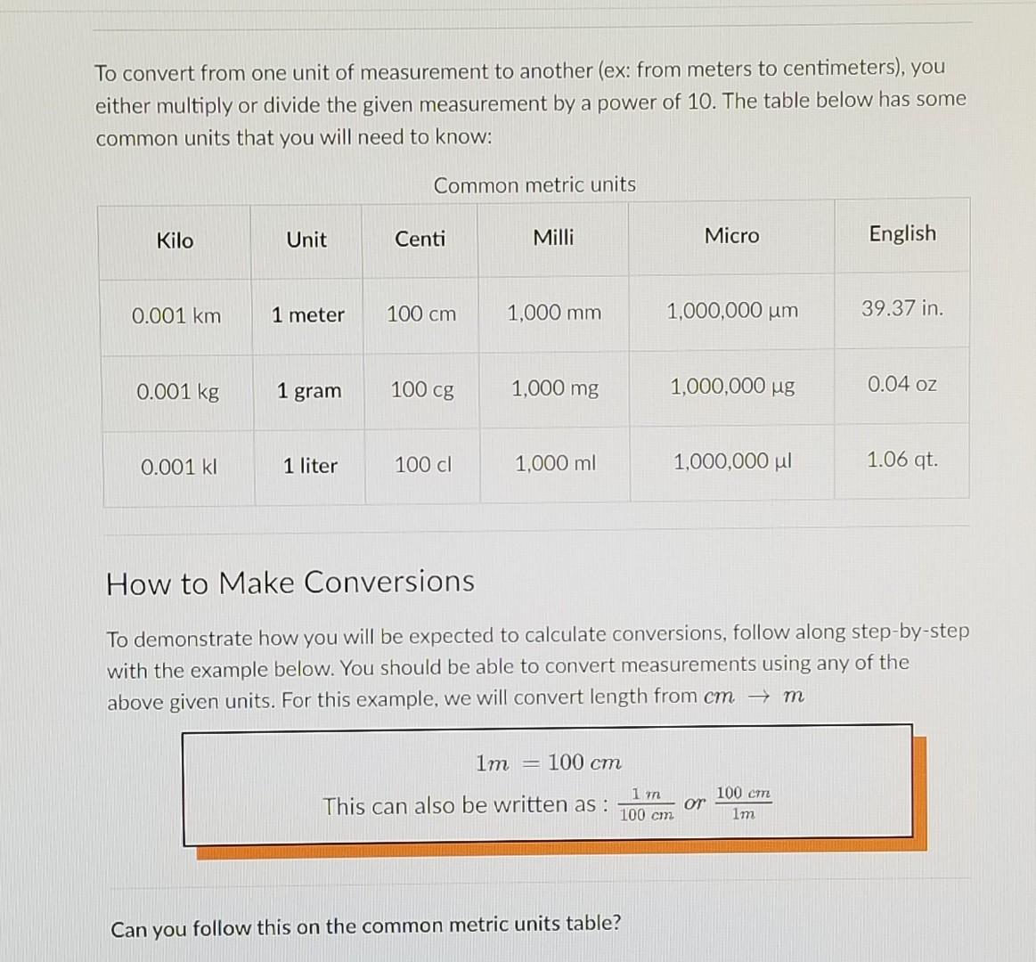 suppose she is requesting an answer for each conversion listed below, show