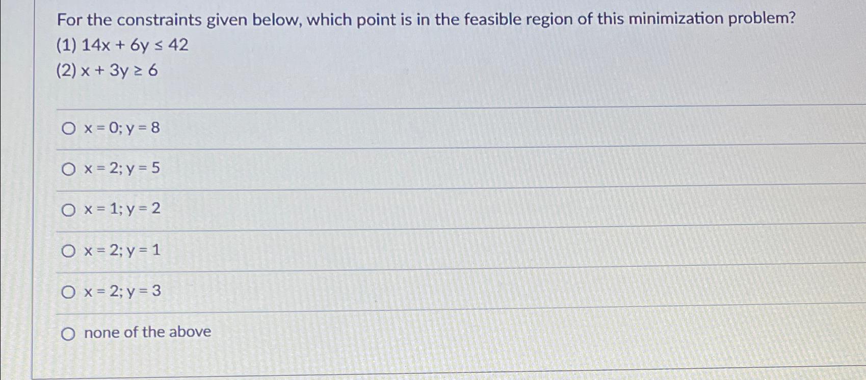  For the constraints given below, which point is in the feasible