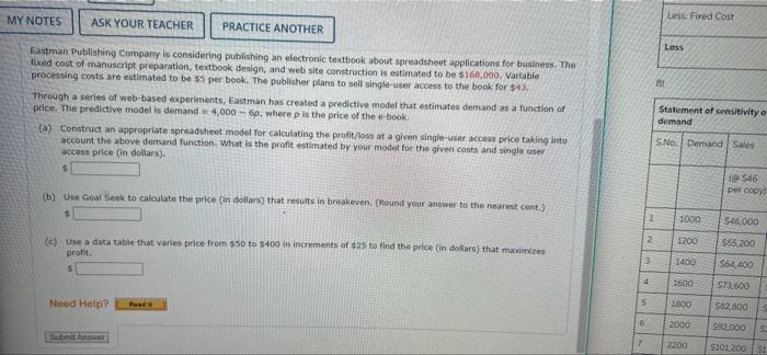  MY NOTES Less Fixed Cost ASK YOUR TEACHER PRACTICE ANOTHER Loss