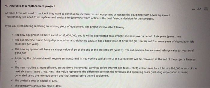  4. Analysis of a replacement project Aa Aa E At times