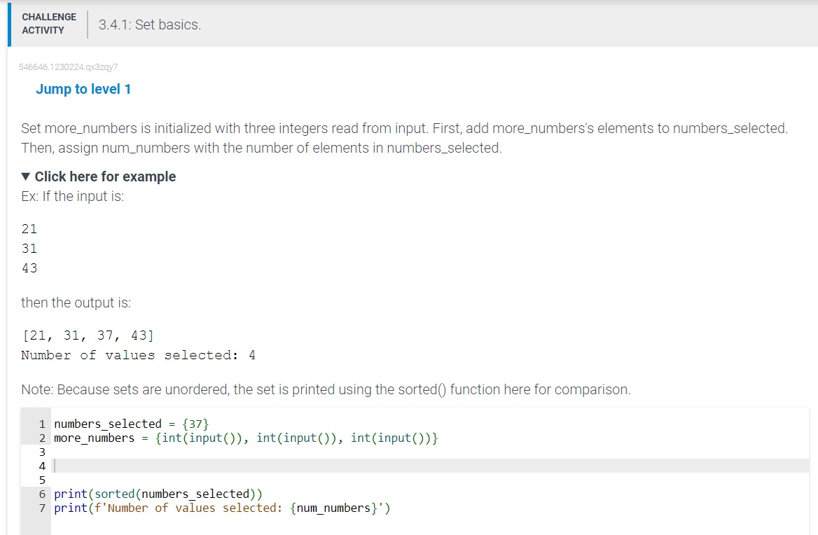 Set more_numbers is initialized with three integers read from input. First,