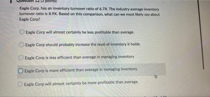  stion 12 (3 points) Eagle Corp. has an inventory turnover ratio