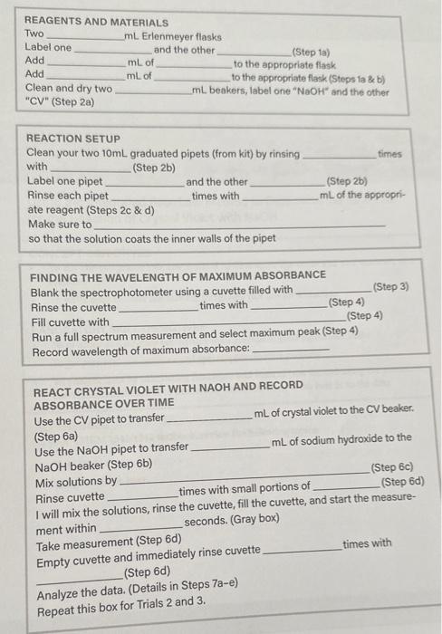  REAGENTS AND MATERIALS REACTION SETUP Clean your two 10mL graduated pipets
